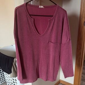 BiBi Pink Ribbed V‑Neck Pocket Top